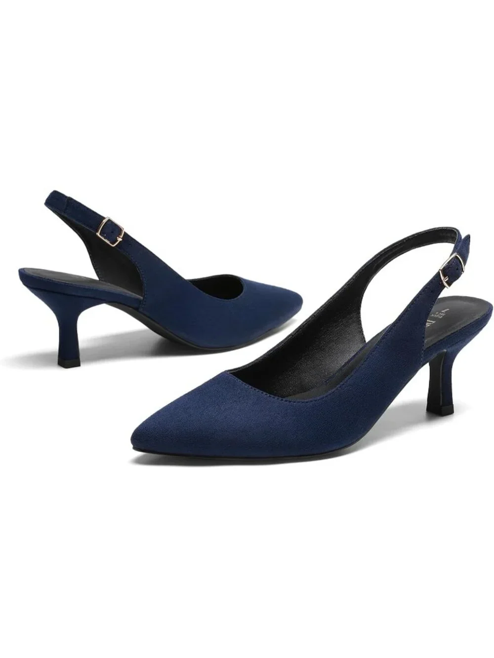 Dream Pairs Women's Navy Suede Pointed Toe Faux Leather Kitten Slingback Heels
